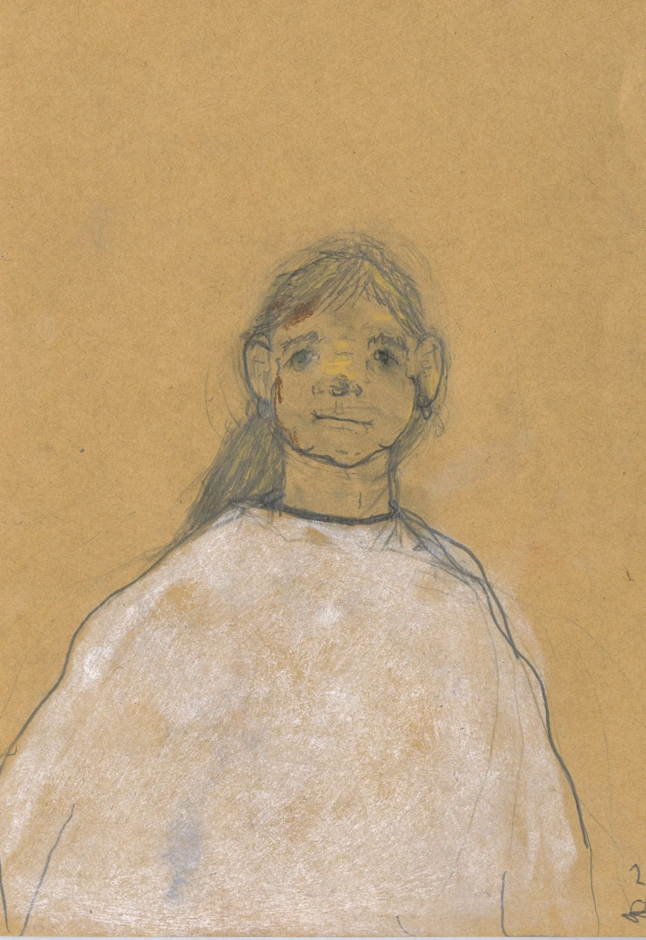 A child's portrait drawing on tan paper, featuring a girl with long hair, earrings, and a faint smile.
