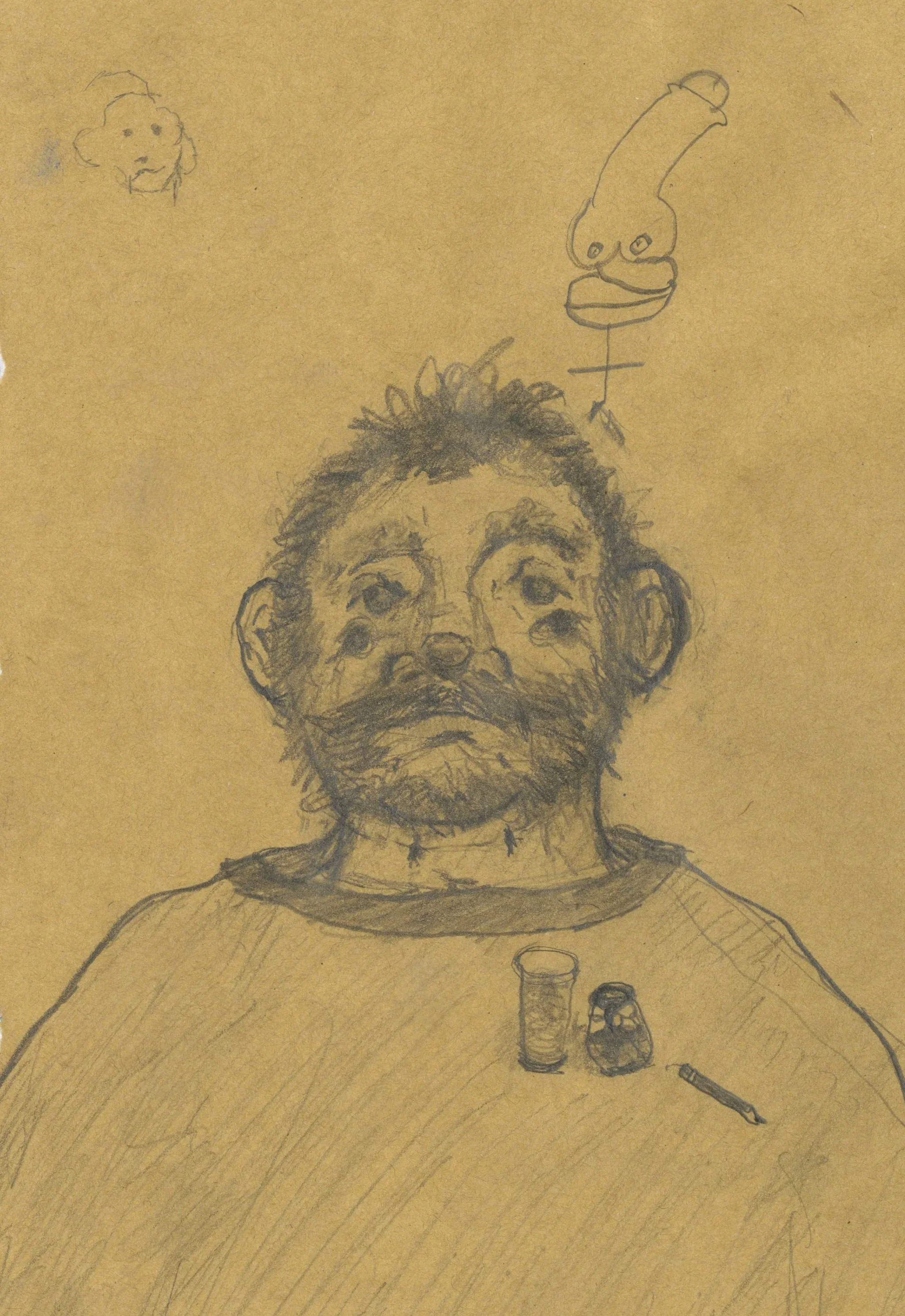A pencil sketch of a man with a beard sitting at a table, with two small containers, a ruler, and a small object in front of him. There are also two small doodles of faces in the upper left and right corners.