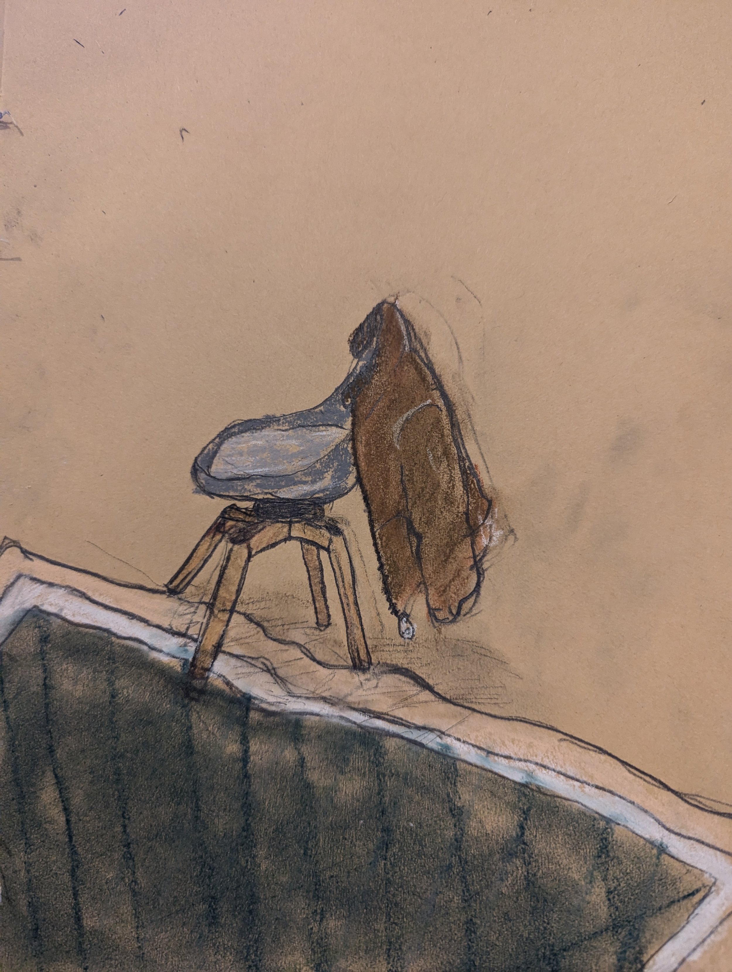 Hand-drawn sketch of a chair with a fabric seat and four legs, placed on a surface with a textured background.