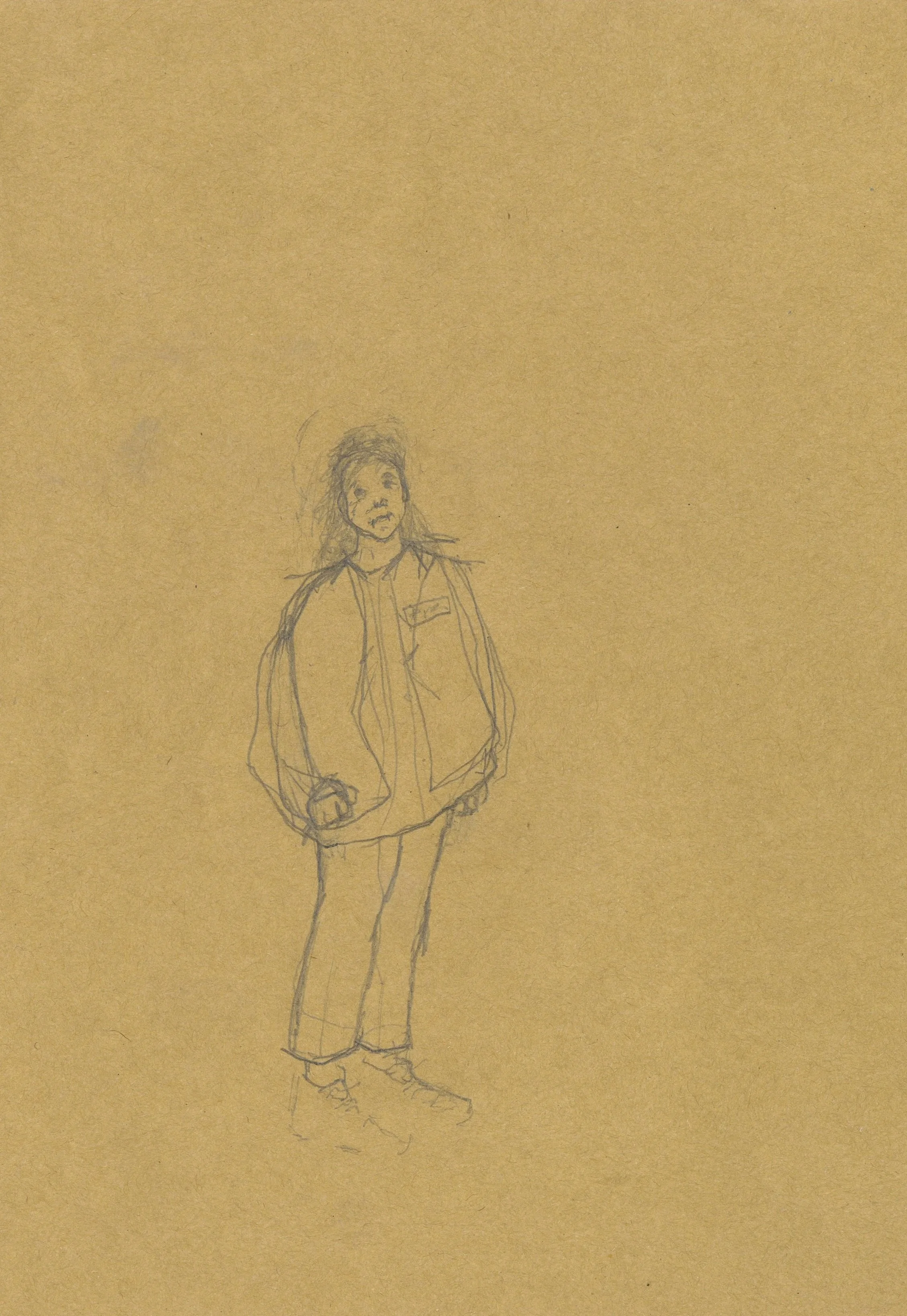 A rough pencil sketch of a woman in a jacket, pants, and shoes, standing with her hands in her pockets, on a yellowish background.