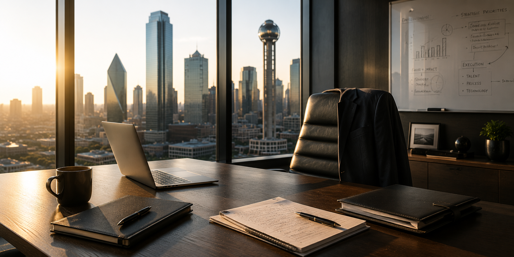 Executive advisory office overlooking the Dallas skyline, representing strategic planning, board leadership, and commercial growth by RDL Advisory.