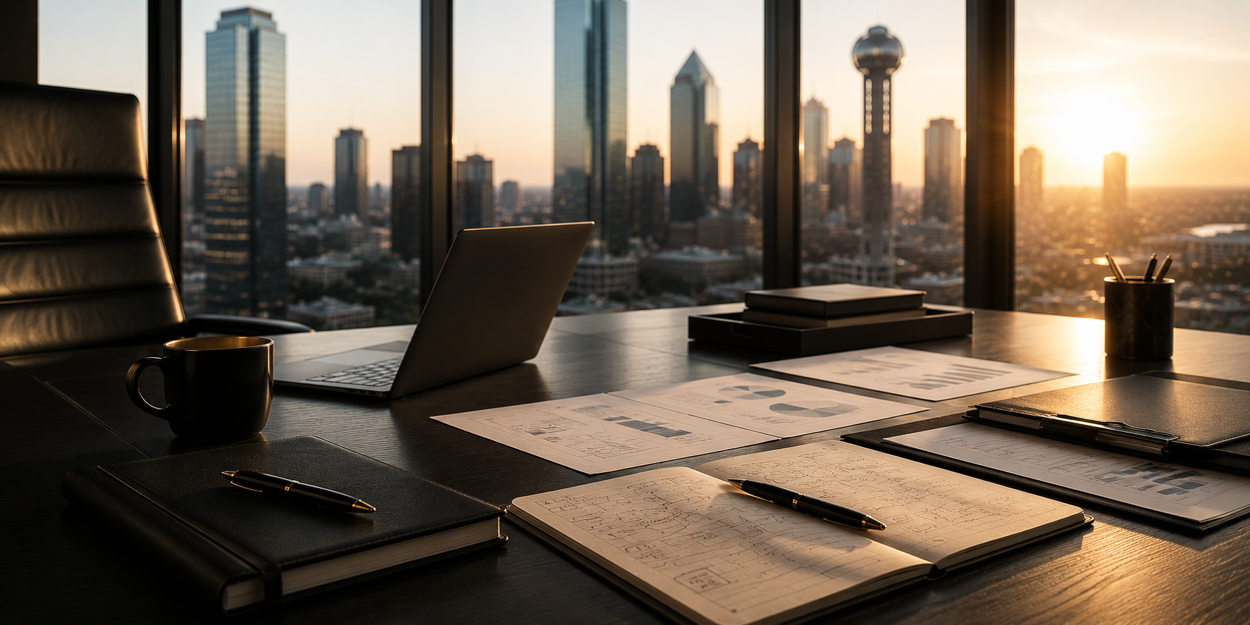 Executive advisory office overlooking the Dallas skyline, representing strategic planning, board leadership, and commercial growth by RDL Advisory.
