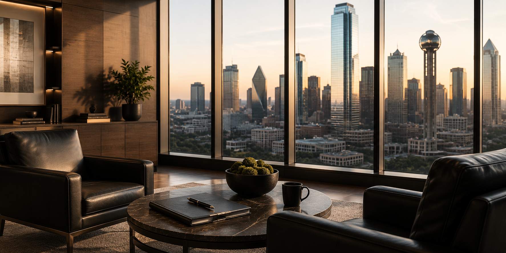 Executive advisory office overlooking the Dallas skyline, representing strategic planning, board leadership, and commercial growth by RDL Advisory.