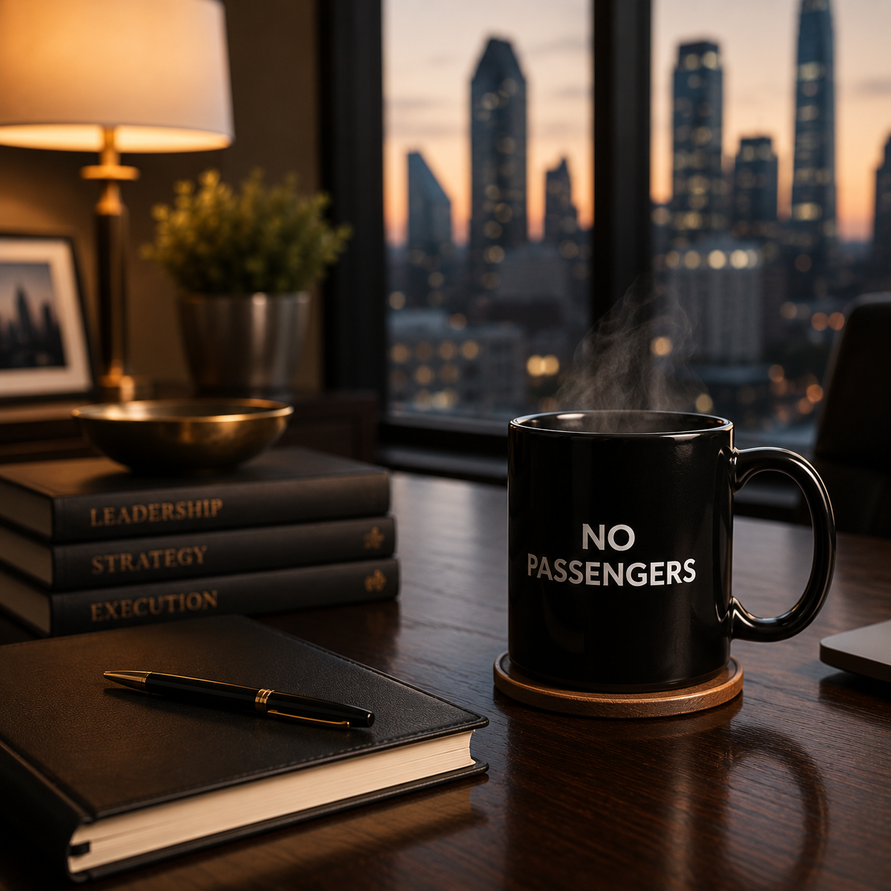 No Passengers leadership philosophy represented through executive workspace featuring strategy, leadership, execution, and a Dallas skyline office.