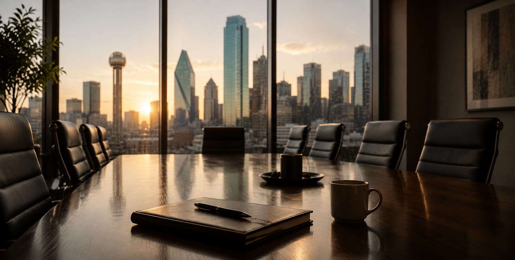 Executive boardroom overlooking downtown Dallas, where leadership teams align strategy, governance, and commercial execution. RDL Advisory.