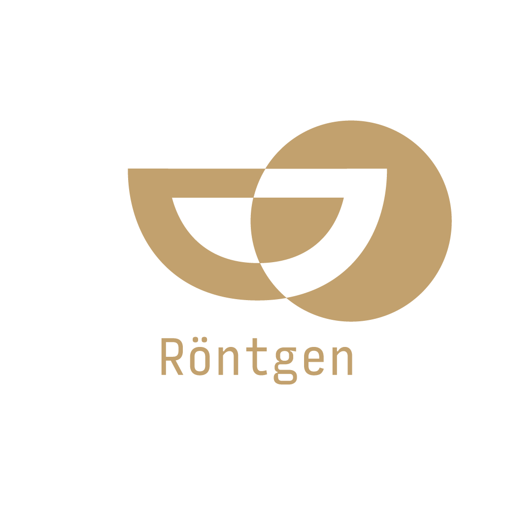 Ein Logo mit zwei überlappenden goldfarbenen Kreisen und schwarzen Teilen, darunter der Schriftzug 'Röntgen' in goldfarbenen Buchstaben