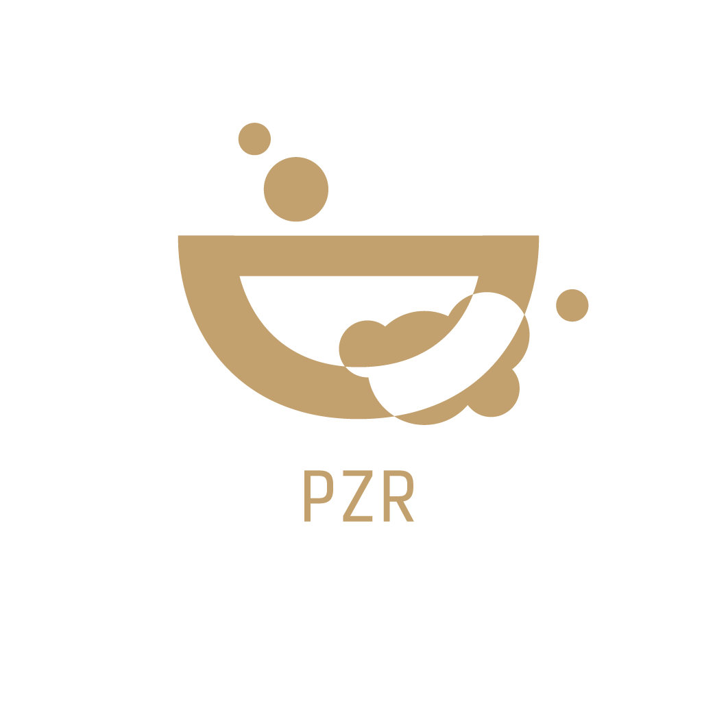 Ein schwarz-goldenes Logo mit einer stilisierten Waschschüssel und Blasen, darunter die Buchstaben 'PZR'