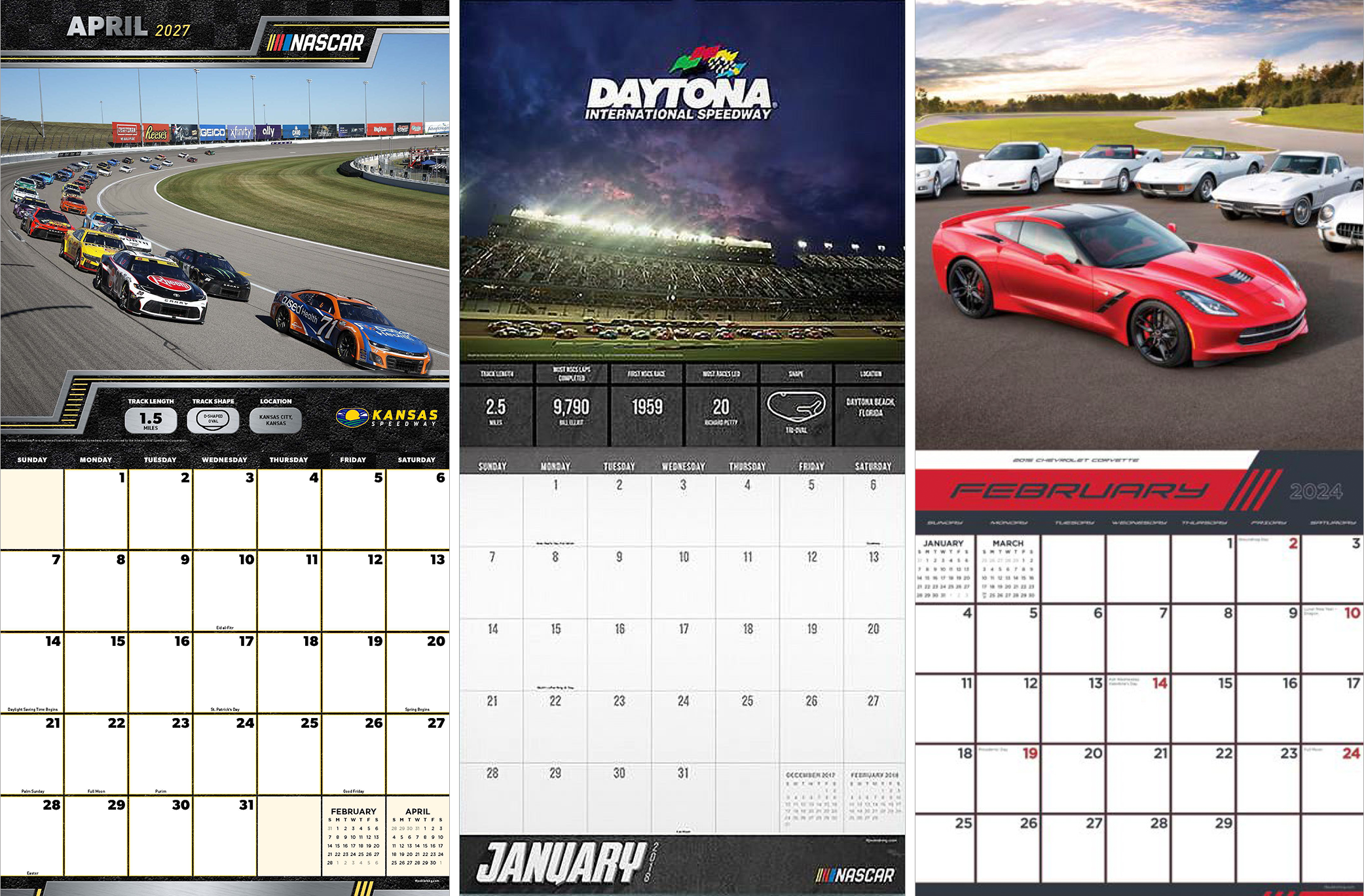 Three pages of 2024 NASCAR-themed calendar featuring images of race cars: one with race cars on a track at Kansas Speedway, another with a night scene at Daytona International Speedway, and a third with a red sports car surrounded by white vintage cars. Each page displays the months of January, February, March, April, and others, with designated dates and special observances.