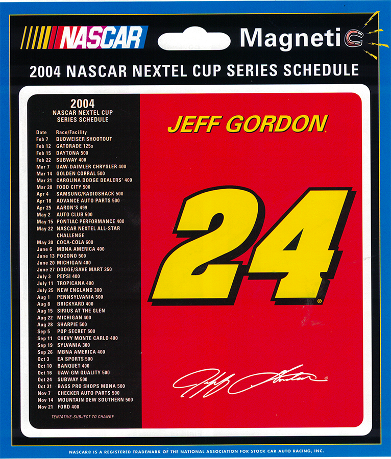 2004 NASCAR Nextel Cup Series schedule with driver Jeff Gordon's name and number 24, featuring a list of races and dates on the left side.