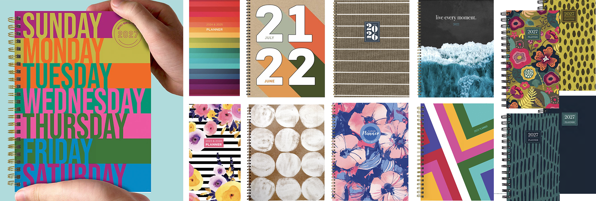 Collection of various weekly planners with different colorful and patterned covers, some featuring floral, abstract, and geometric designs, arranged horizontally.
