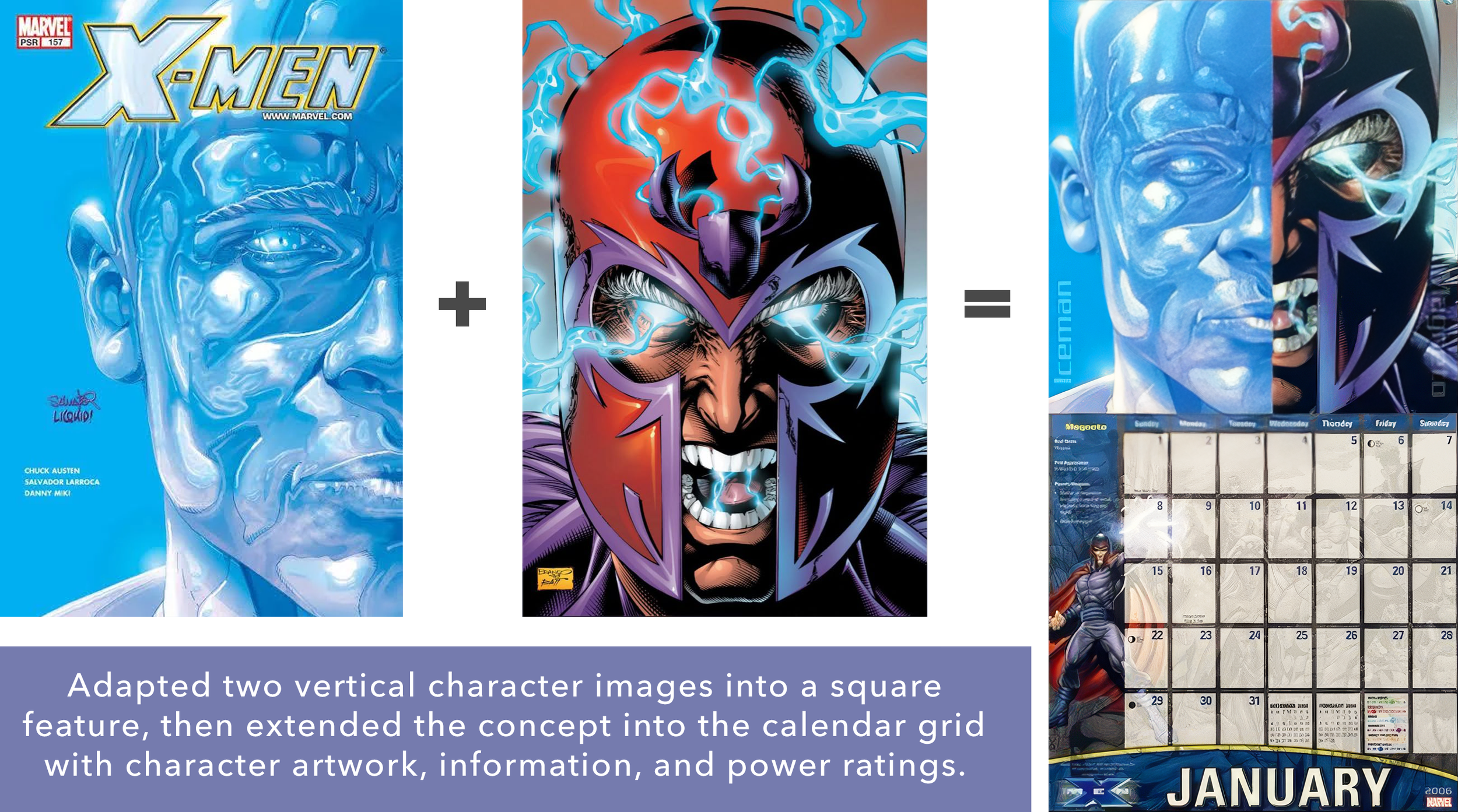 A collage combining two Marvel X-Men comic book characters into a grid with a calendar overlay. The left shows a translucent blue portrait of Professor X, the middle features Magneto with a purple helmet and lightning effects, and the right shows another character's face partially obscured with energy effects. The bottom contains an informative text overlay about using character artwork in calendar design.