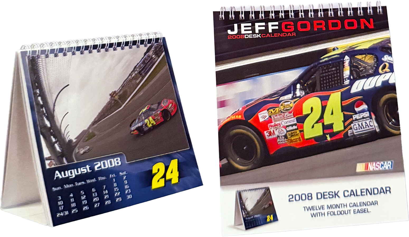 Two 2008 desk calendars featuring NASCAR race cars. One shows a photo of a red and yellow car on a racetrack, labeled August 2008. The other displays a close-up of a blue and red number 24 NASCAR car, with a small desk calendar and label indicating i