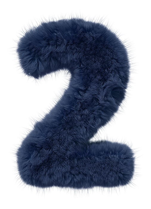 A large, fluffy, blue number two with a fuzzy, plush texture.
