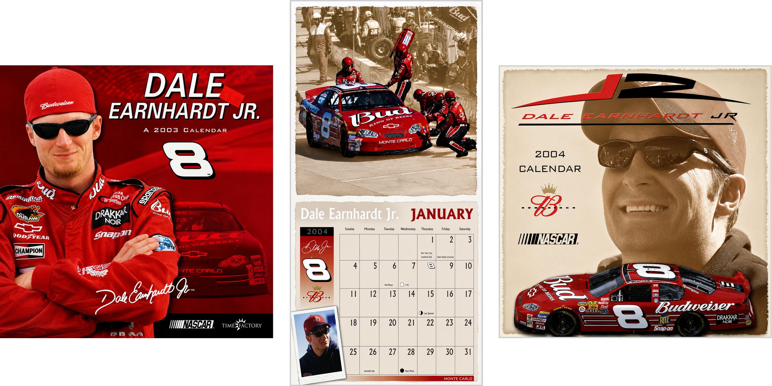 Compilation of Dale Earnhardt Jr. memorabilia including a 2003 calendar with a portrait of him, a 2004 calendar with his name and signature, a photo of him in racing gear with a red race car, a race scene with him changing tires, and a race car with his number 8 and sponsor logos.