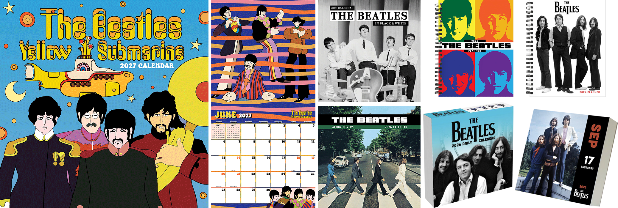 Collection of The Beatles-themed calendars and planners from 2022 to 2026, featuring band images, artwork, and album covers.