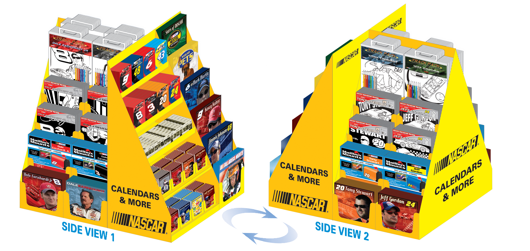 Yellow NASCAR-themed books and calendar displays with racing driver images and merchandise, shown from two different side views.