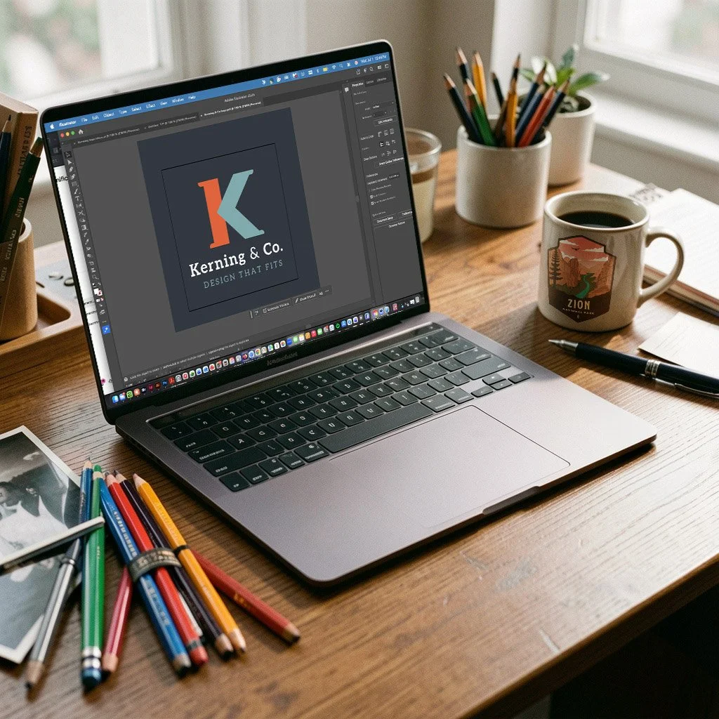 Laptop on a wooden desk displaying a logo design for "Kerning & Co. DESIGN THAT FITS." with a large stylized letter 'K'. Surrounding the laptop are colored pencils, a coffee mug, a pen, some books, and a notepad.