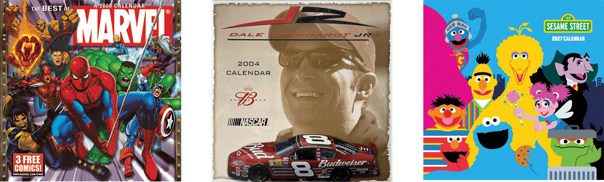 Three different calendars: the first is a Marvel comic book cover featuring Spider-Man and other Marvel superheroes, the second is a race car driver Dale Earnhardt Jr. with his car, and the third is a colorful Sesame Street themed calendar with characters like Elmo, Big Bird, Oscar the Grouch, and others.