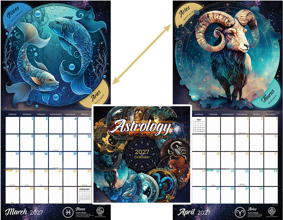 Astrology-themed 2027 calendar featuring illustrations of fish representing Pisces in green-blue hues, a ram representing Aries in fiery tones, and other zodiac signs with celestial backgrounds.