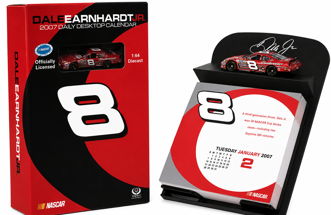 A Dale Earnhardt Jr. 2007 daily desktop calendar featuring a red diecast model of his NASCAR race car with the number 8, along with a black stand with an autograph and a miniature version of the car on top. The calendar displays January 2007.