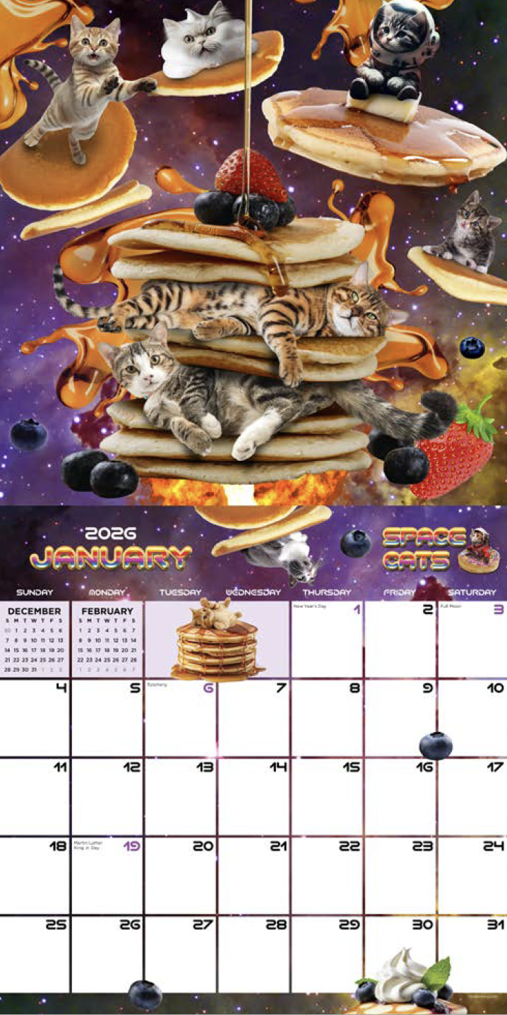A colorful space-themed calendar page for January 2026 featuring a surreal stack of pancakes with cats playing around and on top, with floating blueberries and strawberries, and a cosmic background.