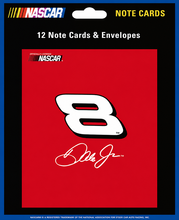NASCAR note card set featuring Dale Earnhardt Jr.'s number 8 with his autograph on a red background.