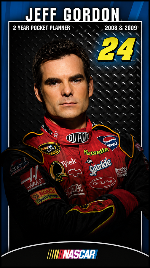 Cover of a 2-year pocket planner featuring NASCAR driver Jeff Gordon from 2008 and 2009, with his arms crossed, wearing a red racing suit with various sponsor logos, set against a dark textured background.
