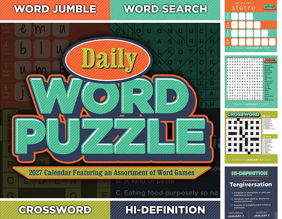 Cover of a 2027 calendar featuring daily word puzzles, including word jumble, word search, crossword, and high-definition tergiversation games.