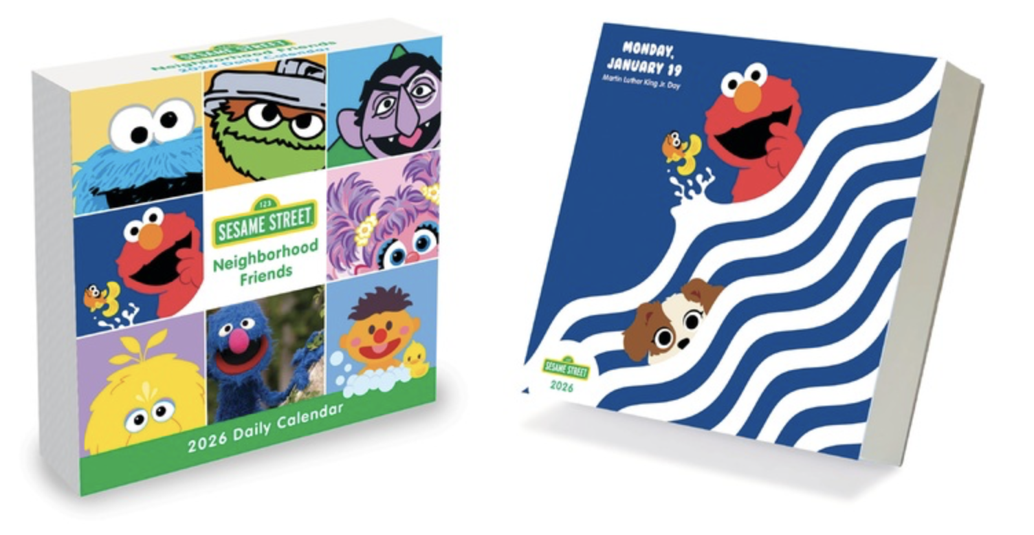 Sesame Street 2026 daily calendar with colorful characters on cover and a page showing Elmo and a dog swimming.