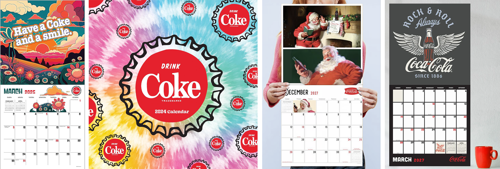 Several Coke-themed calendars with different designs and months are displayed, including March 2025, December 2027, and a 2024 calendar with colorful and vintage styles.