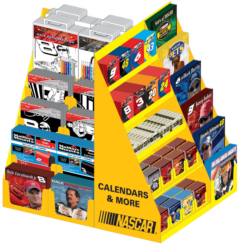 NASCAR-themed calendars, notebooks, and memorabilia on yellow display stand.