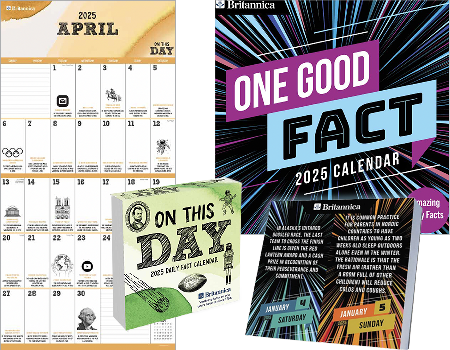 Three different Britanica calendars for 2025: a monthly April calendar, a colorful fact calendar, and a daily fact calendar, each displaying various dates and facts.