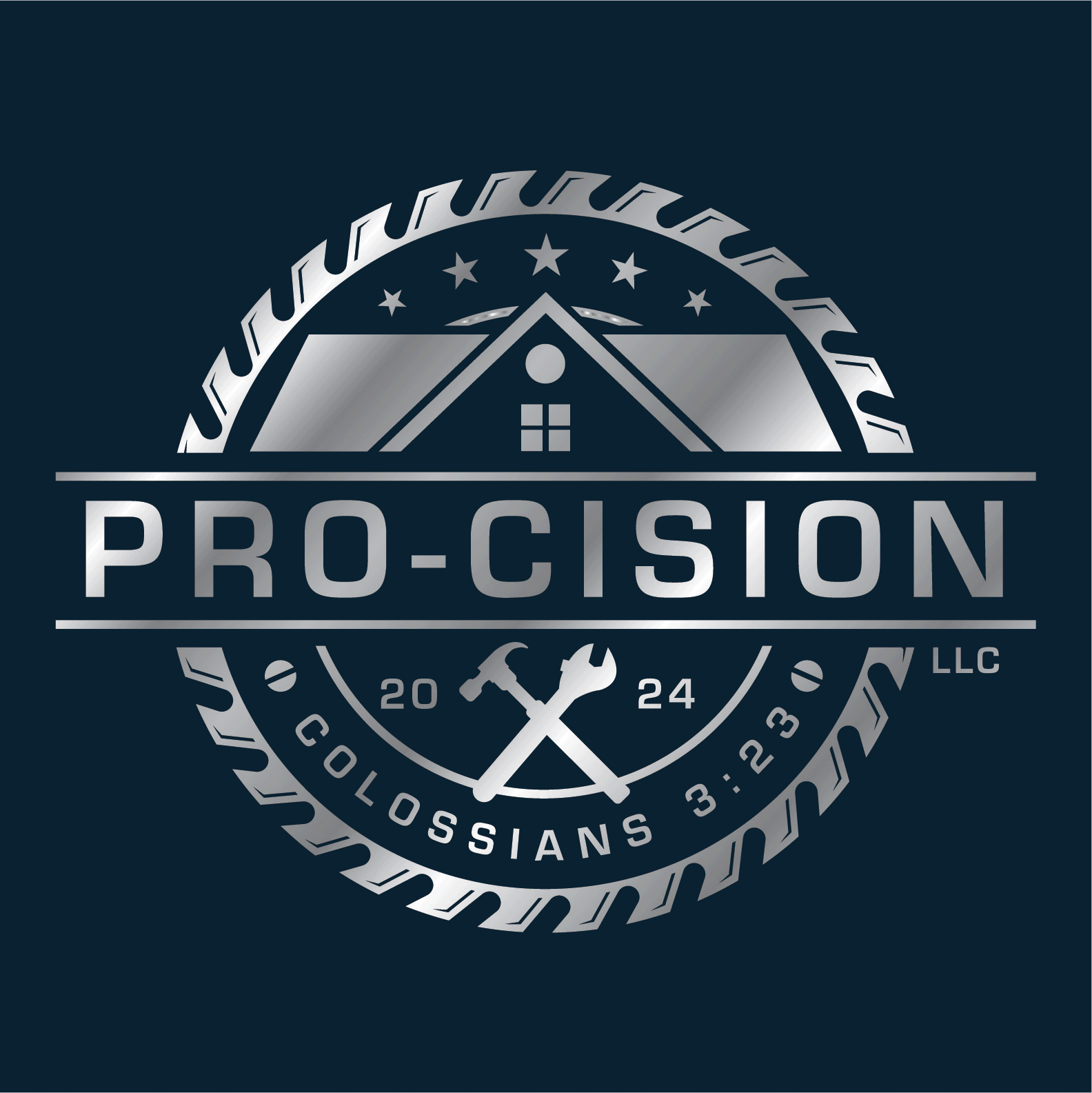 Silver and black logo with a house silhouette, stars, and tools, featuring the text 'PRO-CISION,' '2024,' and 'SOCIAL emiss'.