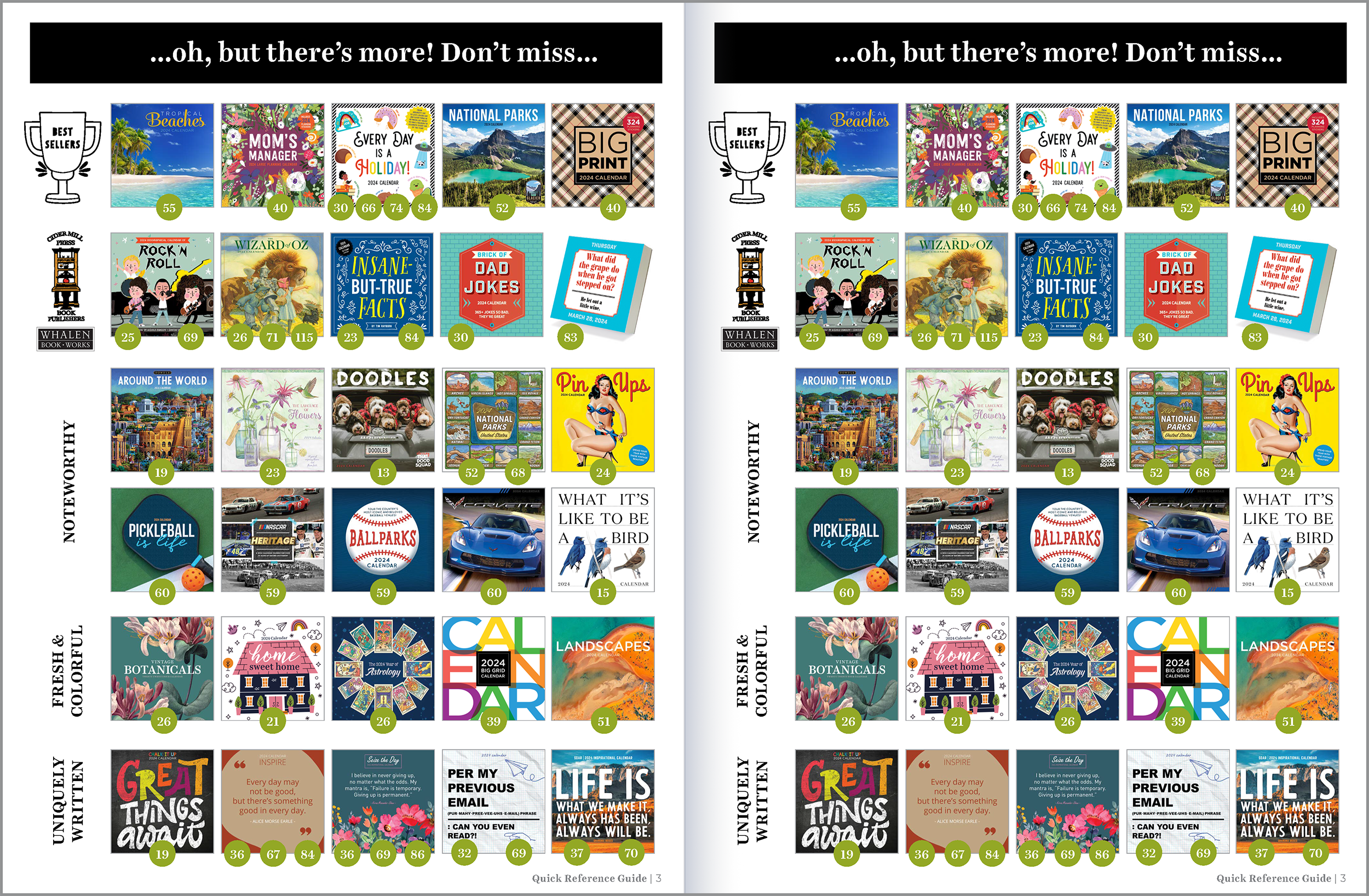 A colorful 2024 calendar with various themed sections, including bestsellers, book publishers, noteworthy, fresh and colorful, and unique and written. The calendar features images of books, landscapes, animals, flowers, and inspirational quotes, organized in a grid layout with numbered green labels on each item.