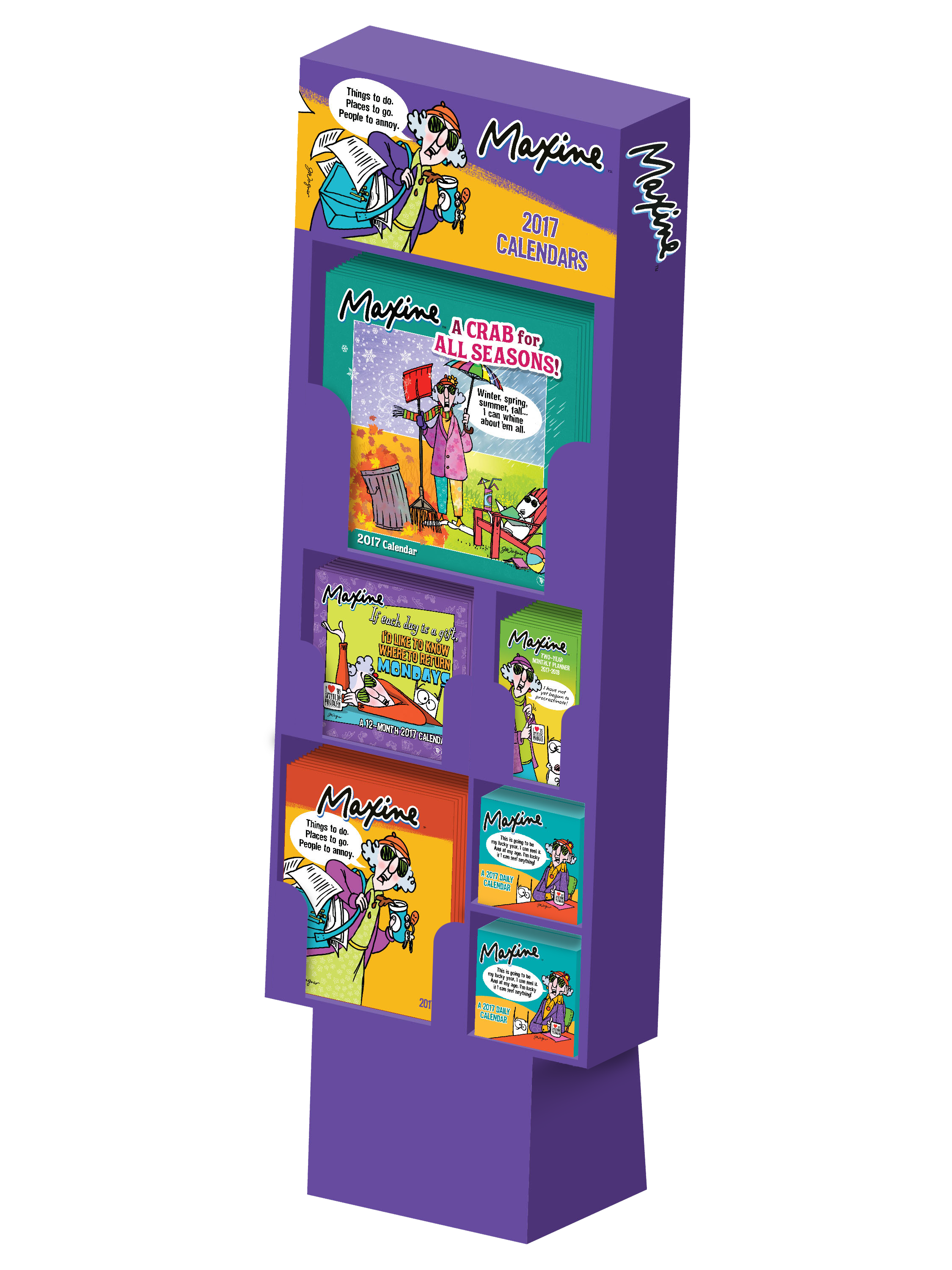 Purple literature rack displaying monthly calendars and related products, featuring colorful cartoon illustrations of a woman with sunglasses, a pet dog, and various seasonal scenes.