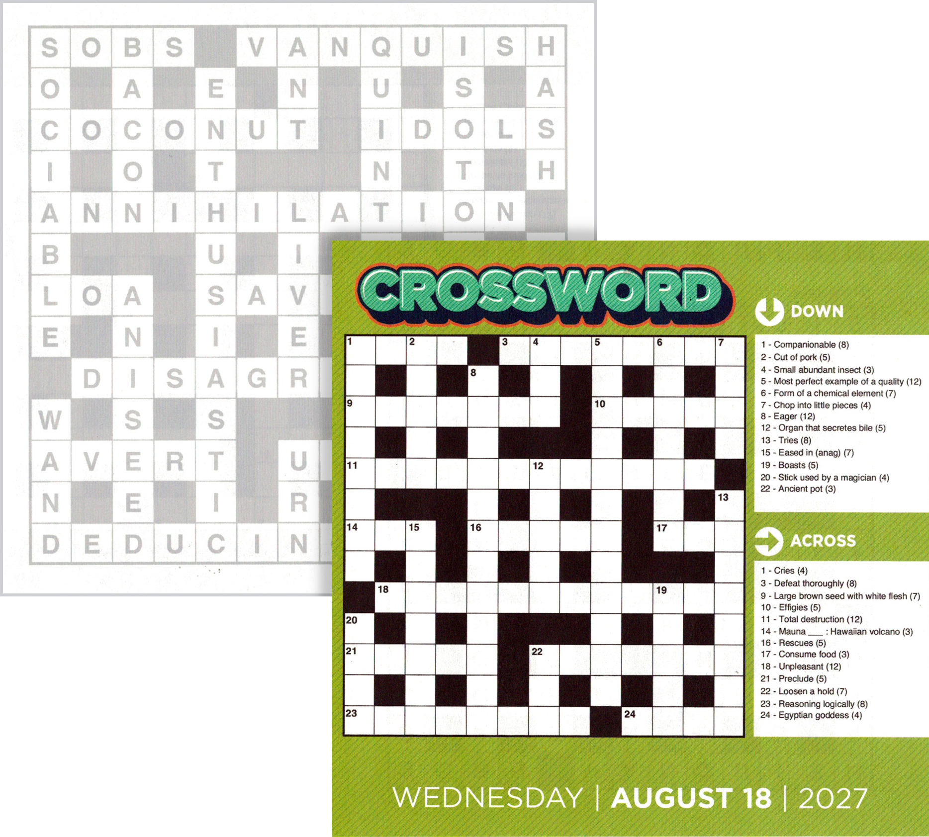 Partial view of a crossword puzzle and a word search puzzle on the cover of a publication, indicating the date Wednesday, August 18, 2027.