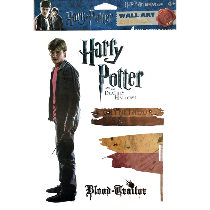 Harry Potter themed wall art featuring Harry Potter from the movie 'Harry Potter and the Deathly Hallows,' along with graphics of the Gryffindor house crest and the Blood-Trator banner.