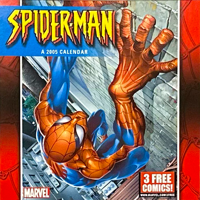 Spider-Man climbing a building on a 2005 calendar cover with comics.