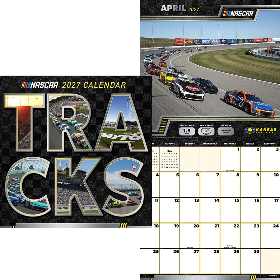 2027 NASCAR race car calendar featuring a photo of race cars on a track and large text that reads "TRUCKS" with images of race cars inside the letters, the Kansas Speedway logo, and a calendar grid for April 2027.