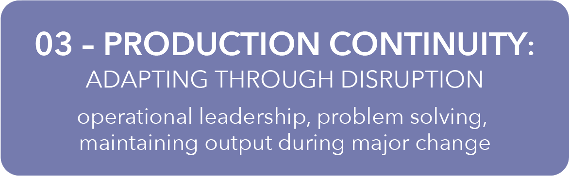 Slide titled '03 - Production Continuity: Adapting Through Disruption' with subtitle 'operational leadership, problem solving, maintaining output during major change.'