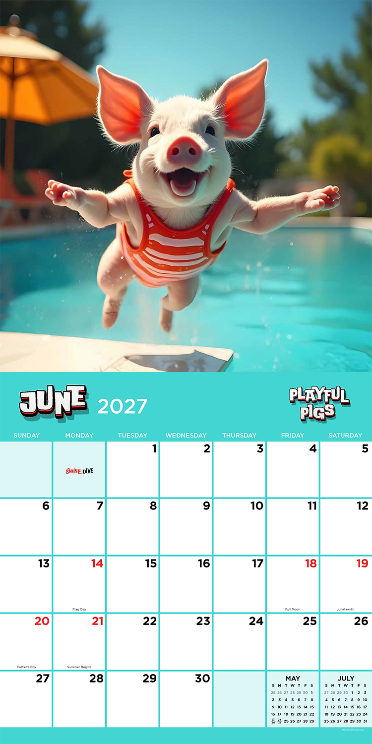 A joyful piglet with large ears and a pink snout jumping into a swimming pool, wearing a red and white striped swim shirt on a sunny day.
