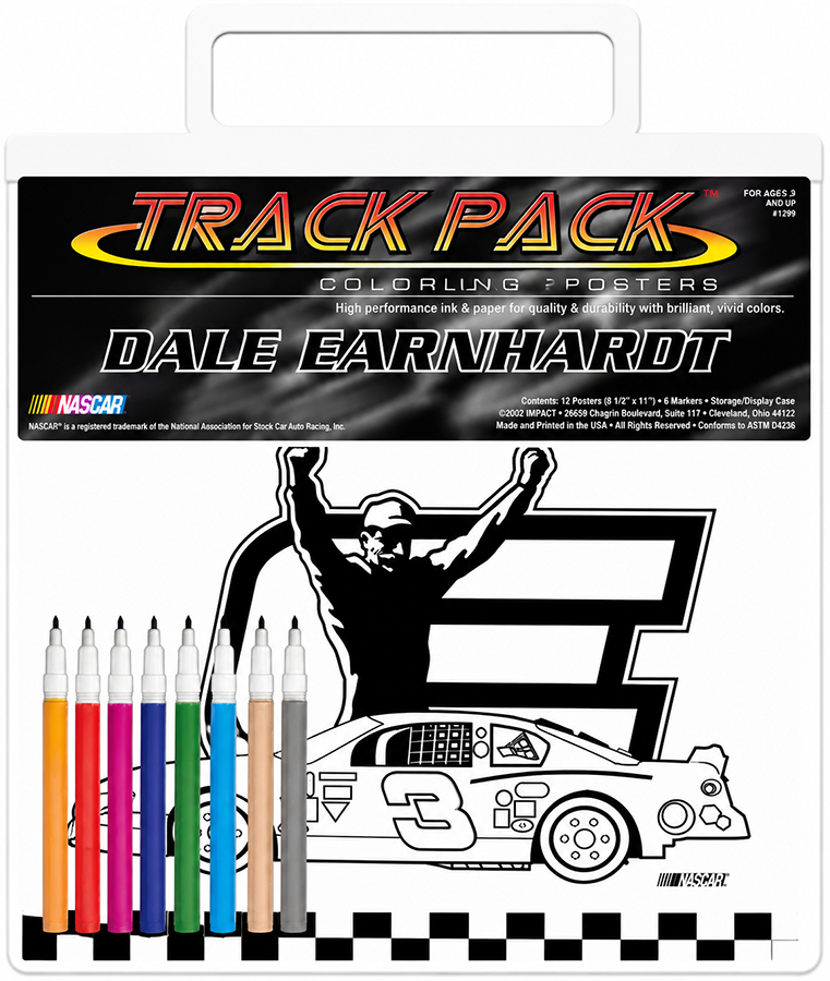 Coloring posters of Dale Earnhardt racing car and logo with six colored markers on a white background.