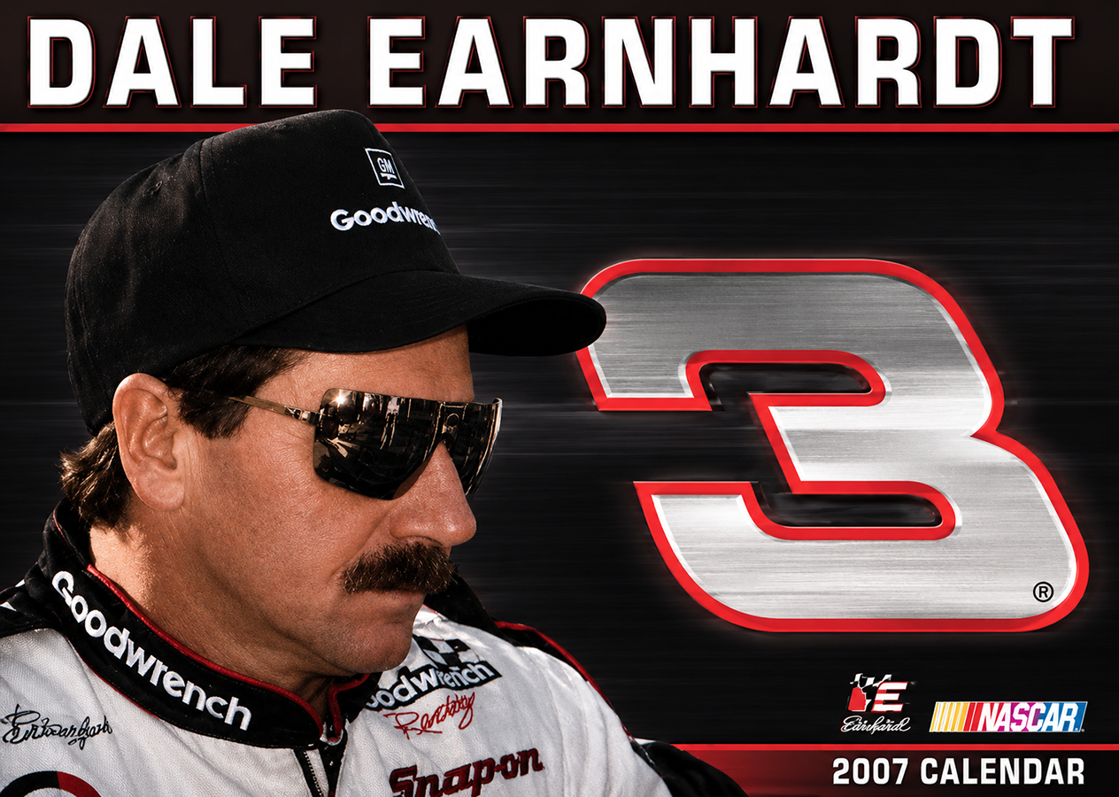 Cover of a 2007 NASCAR calendar featuring Dale Earnhardt in racing gear, wearing sunglasses and a black cap with sponsor logos, against a black background with a large stylized number three and logos of NASCAR, Evernham, and Darlington Raceway.