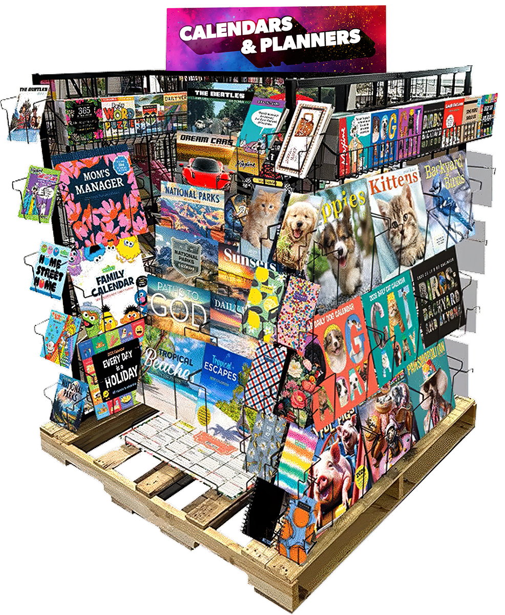 Display rack with colorful calendars and planners, including themes with dogs, puppies, kittens, family, holidays, and nature scenes.
