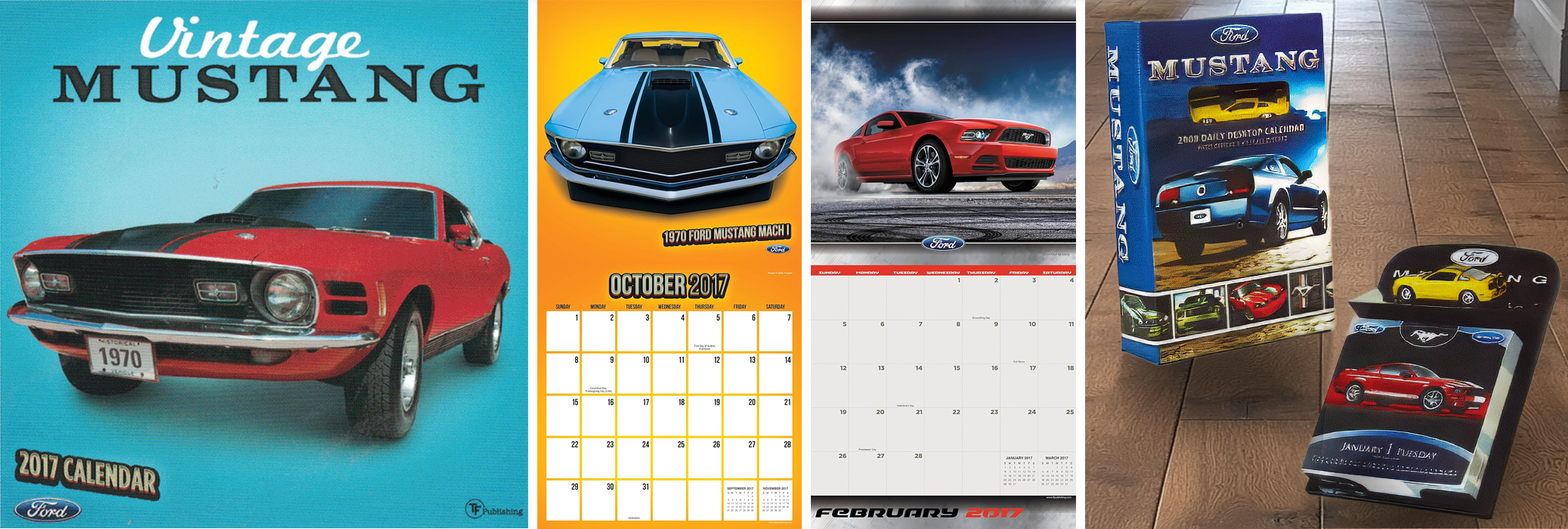 Collection of Ford Mustang-themed items, including a 1970 vintage Mustang calendar cover, a 1970 Ford Mustang Mach 1 poster, a red Ford Mustang car, a Ford Mustang calendar page, a Ford Mustang model car box, and a Ford Mustang phone case with a red Mustang image.