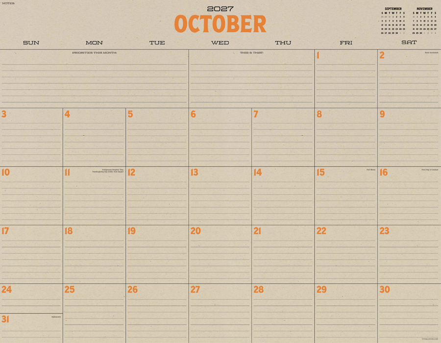A 2023 October calendar page with dates and days of the week, a small mini calendar for September and November in the top right corner, a small mini calendar for September and November in the top right corner, with the main month pages divided into weeks, including space for notes and priorities.
