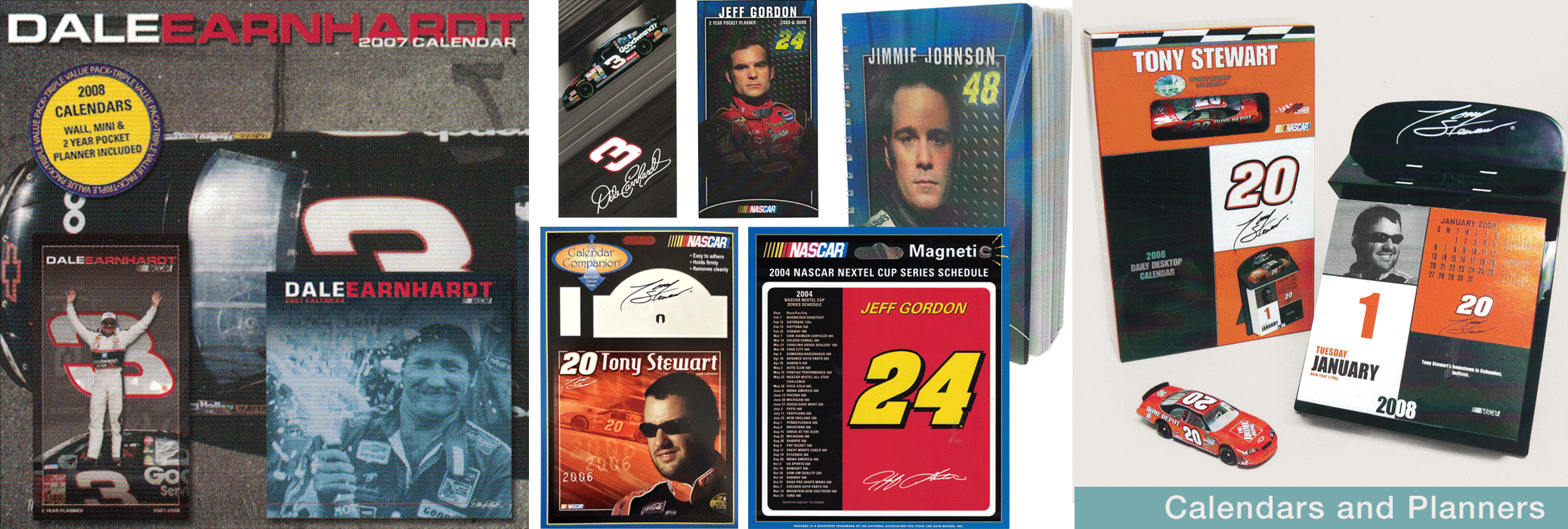 Collection of Dale Earnhardt memorabilia including calendars, pocket planner, and NASCAR-themed items from 2006 to 2008.
