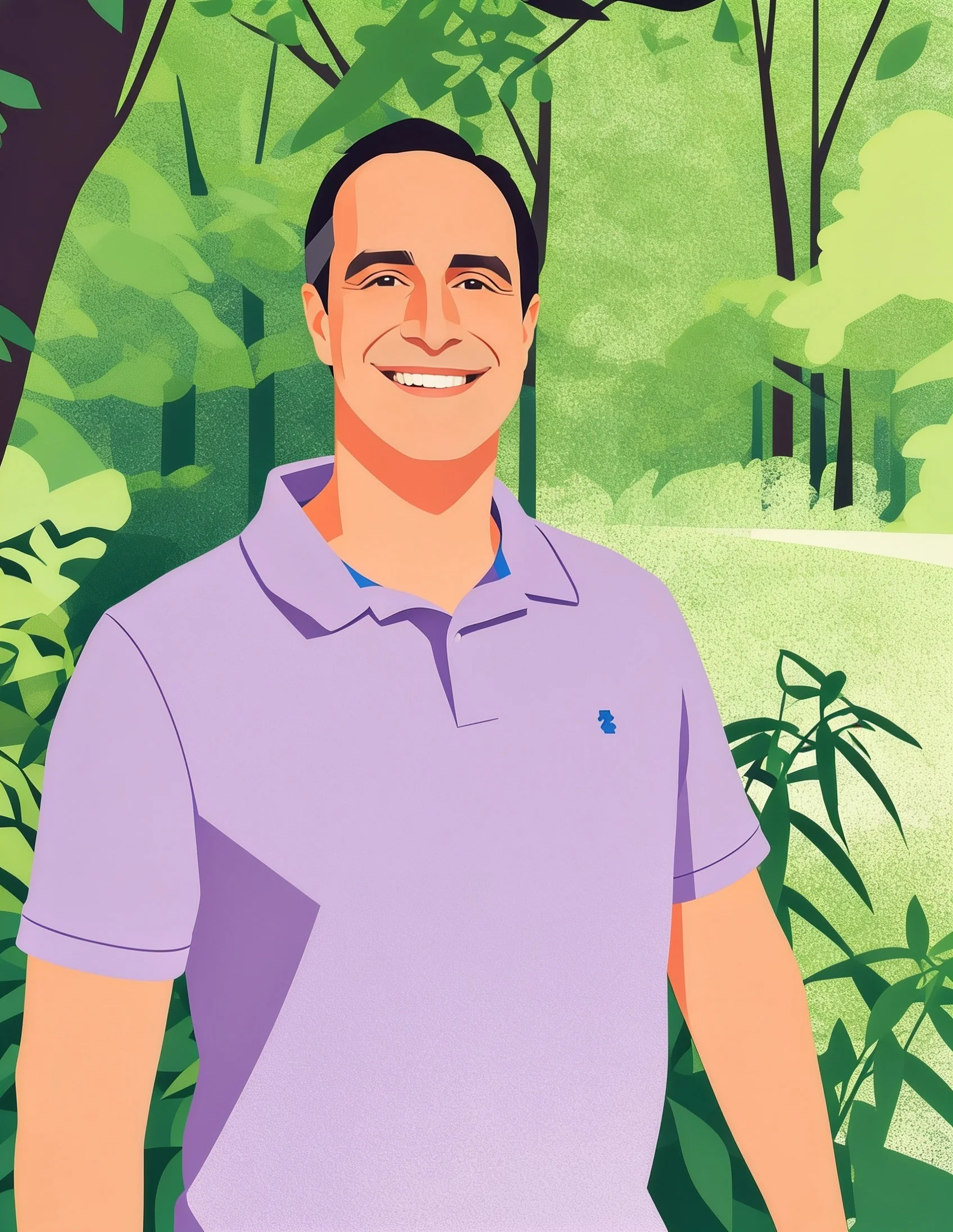 A digital illustration of a smiling man with dark hair, wearing a light purple shirt, standing outdoors among green trees and foliage.