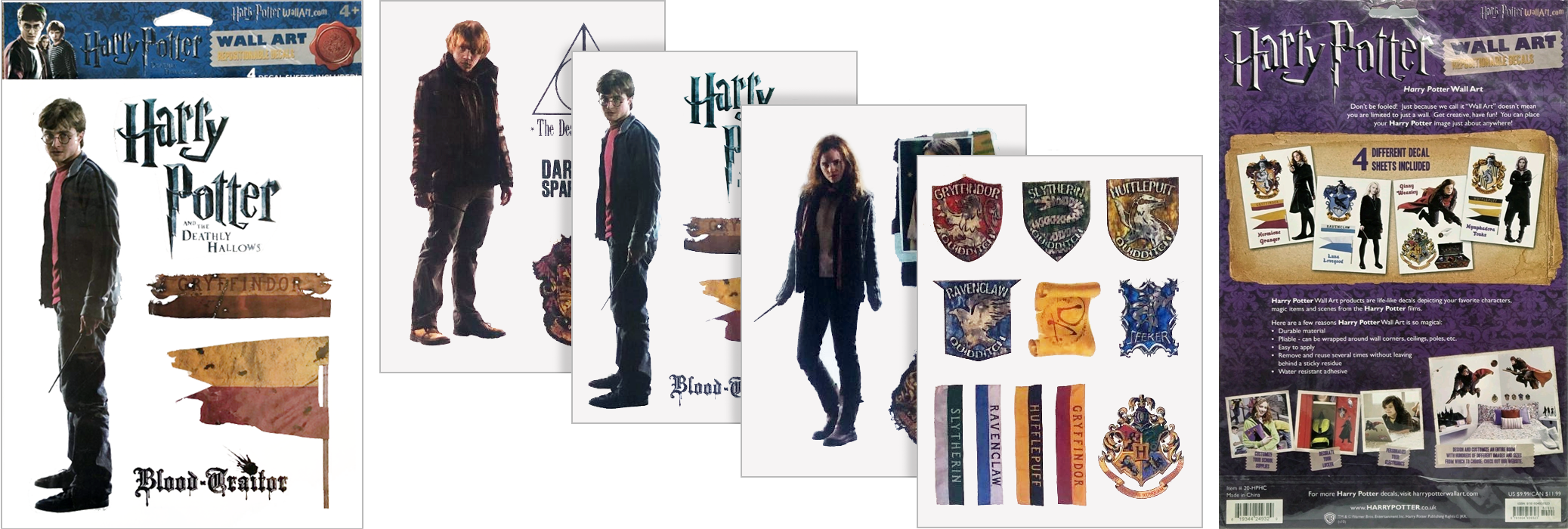 Harry Potter wall art decal set featuring characters and house crests, including Harry Potter, Hermione Granger, Ron Weasley, Draco Malfoy, and house symbols for Gryffindor, Slytherin, Hufflepuff, and Ravenclaw, with optional decal sheets for customization.