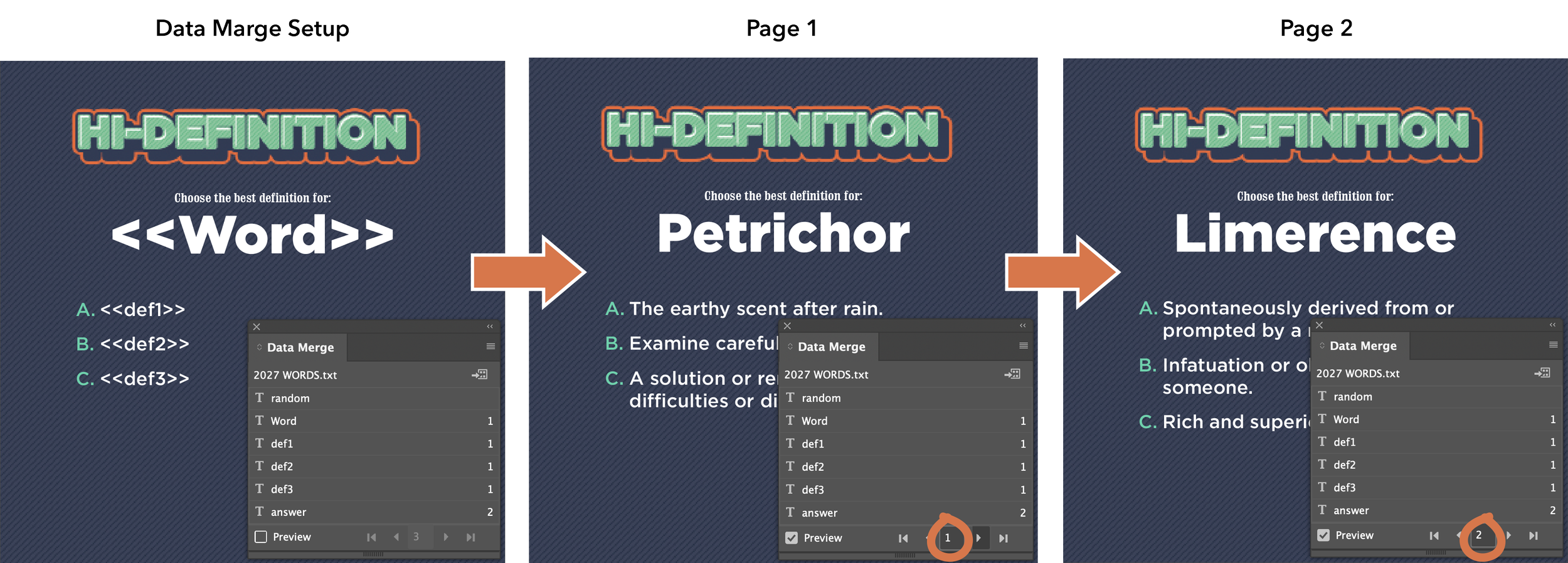 Screenshot of a presentation slide titled 'Data Merge Setup' showing three definitions of high-definition with examples. The first is '<Word>>' with options 'def1', 'def2', 'def3'; the second is 'Petrichor' with a description; the third is 'Limerence' with a description. Each slide includes a small window titled 'Data Merge' listing 2027 words and options like 'random', 'word', 'def1', etc., with navigation controls.